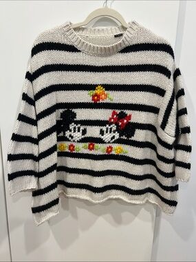 Oversized Striped Knit Sweater with Mickey and Minnie- Black & Cream